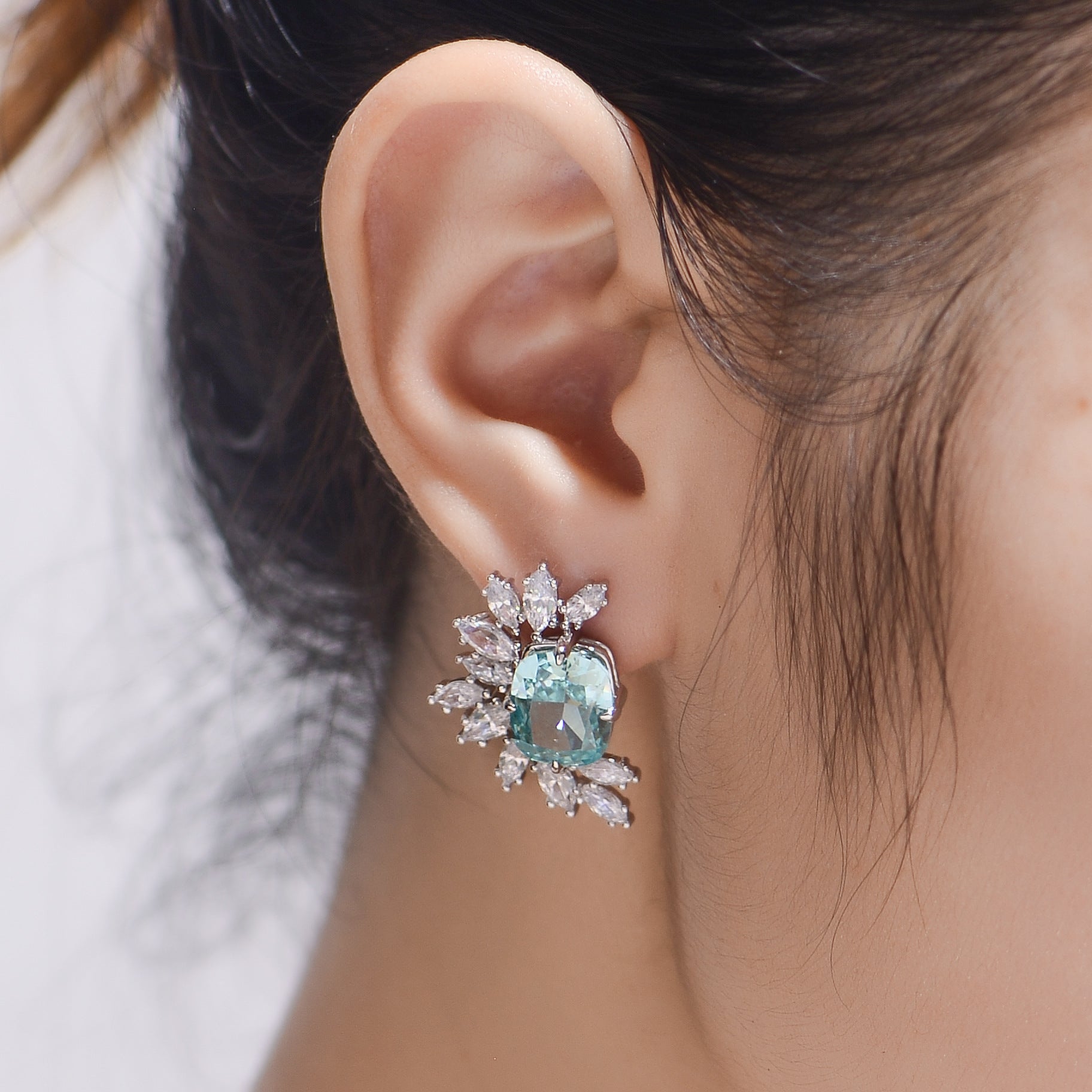 Cyan Zircon 9*11mm Rectangle Ice Cut Half Annular Petals Silver Studs Earrings for Women