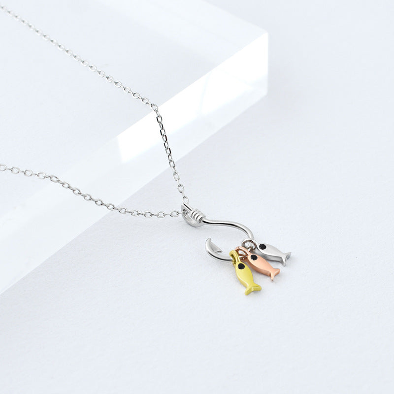 Fishhook with Small Fish Pendant Silver Necklace for Women