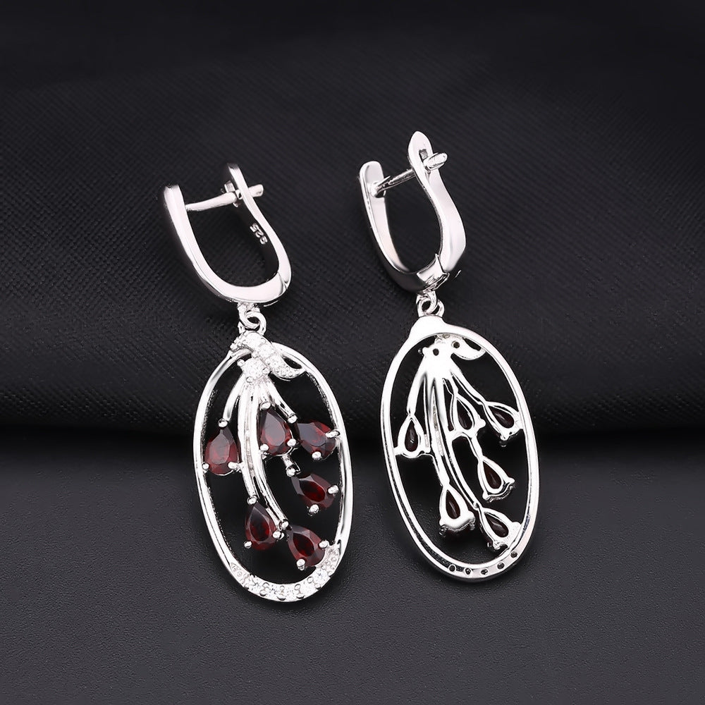 Natural Garnet Garden Design Silver Drop Earrings for Women