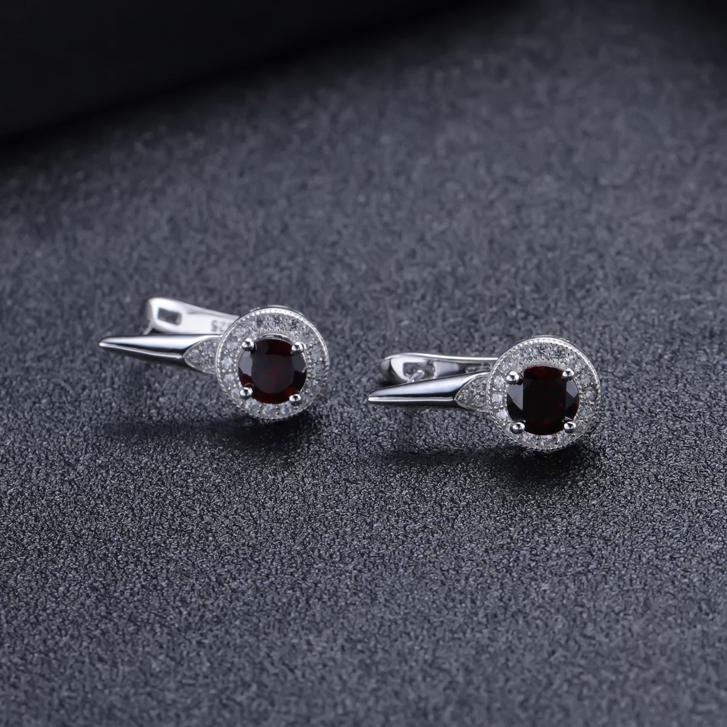 European Vintage Style Inaid Natural Garnet Soleste Halo Round Cut Silver Studs Earrings for Women