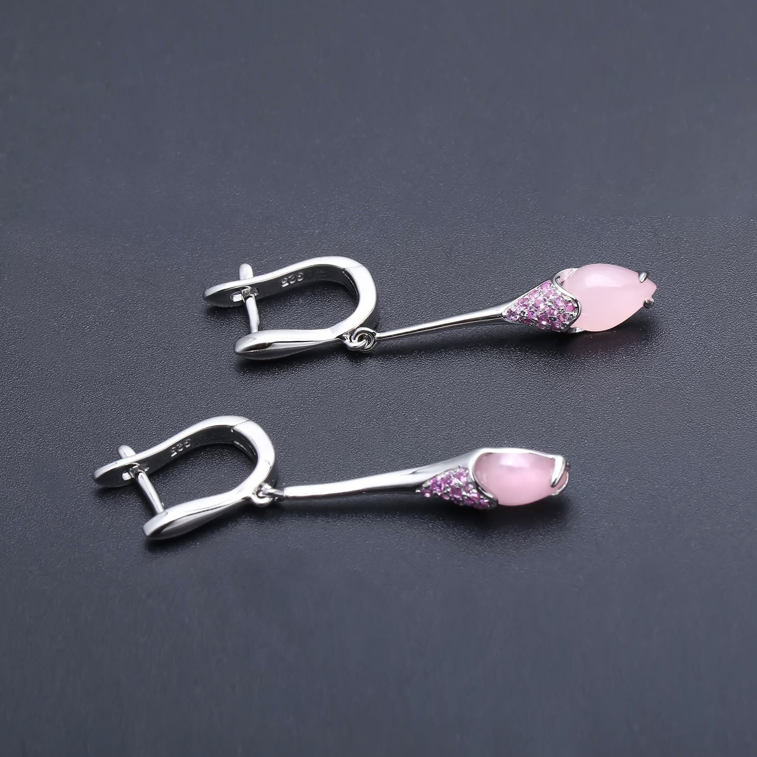 Italian Design Inlaid Pink Chalcedony Long Style Silver Drop Earrings for Women