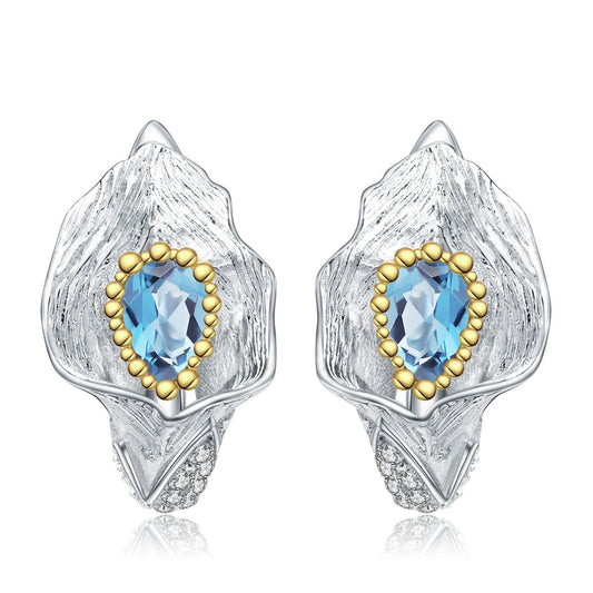 Italian Craft Vintage Desig Inlaid Natural Topaz Flower Silver Studs Earrings for Women