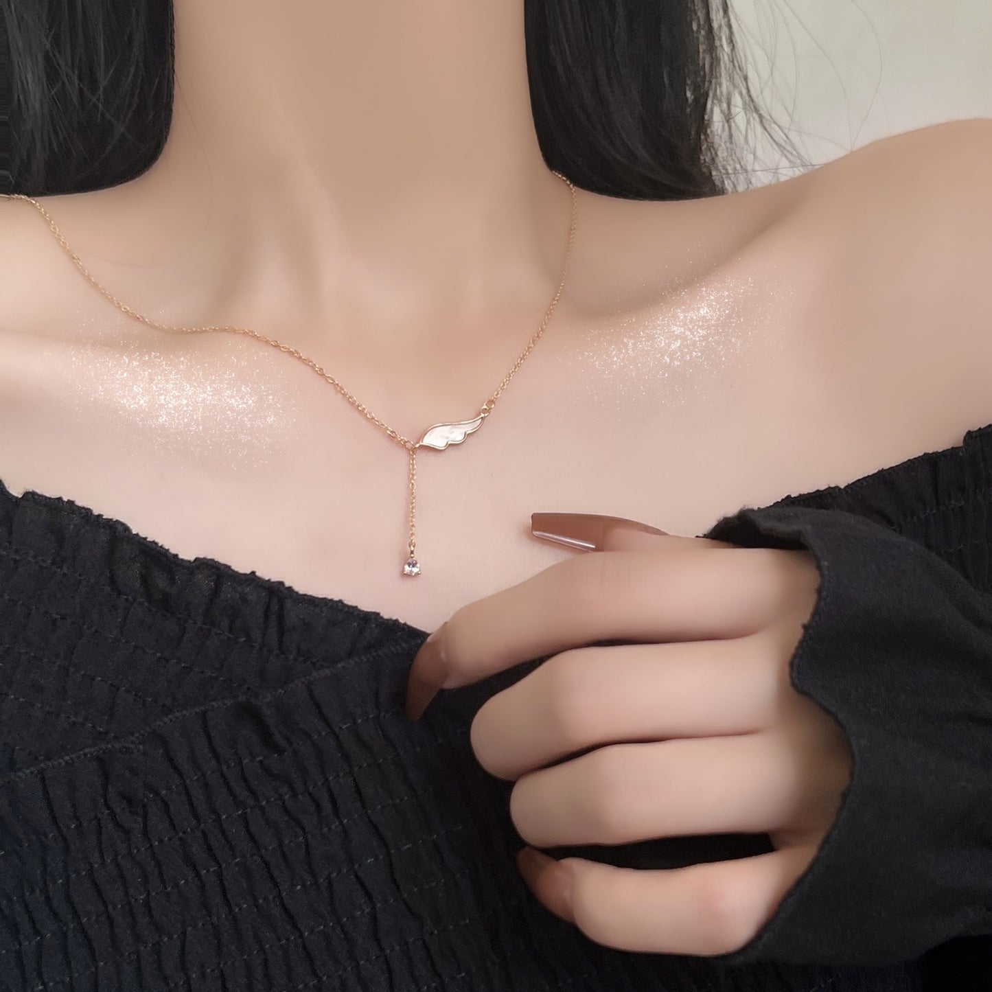 Mother of Pearl Angel Wings Tassel Silver Necklace for Women