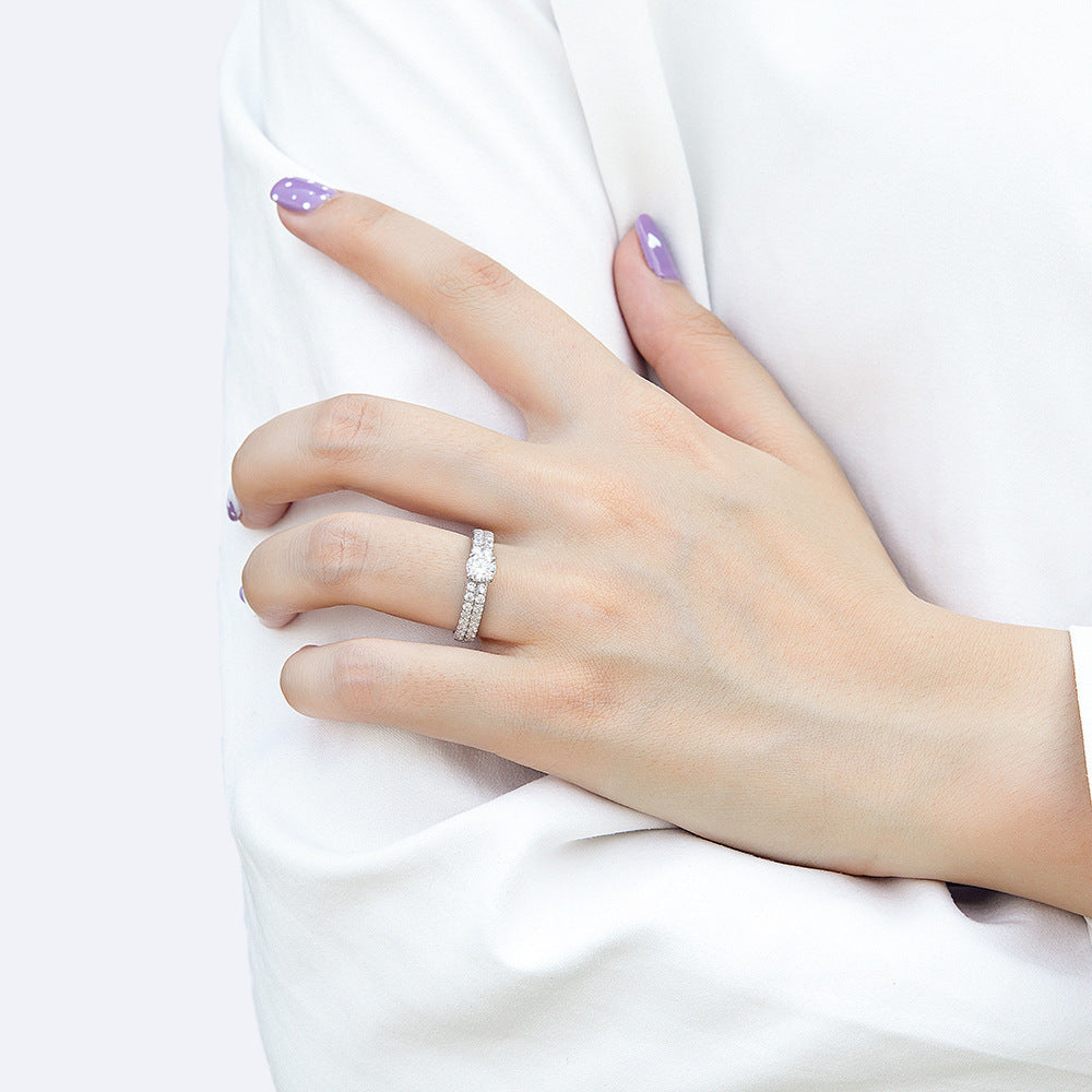 Four Prongs Round Zircon Double Row Cathedral Silver Ring for Women