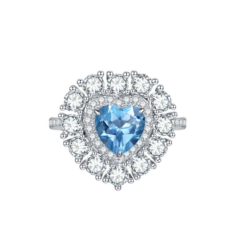 Sky Blue Natural Topaz 7*7mm Heart Shape Soleste Halo Silver Ring for Women