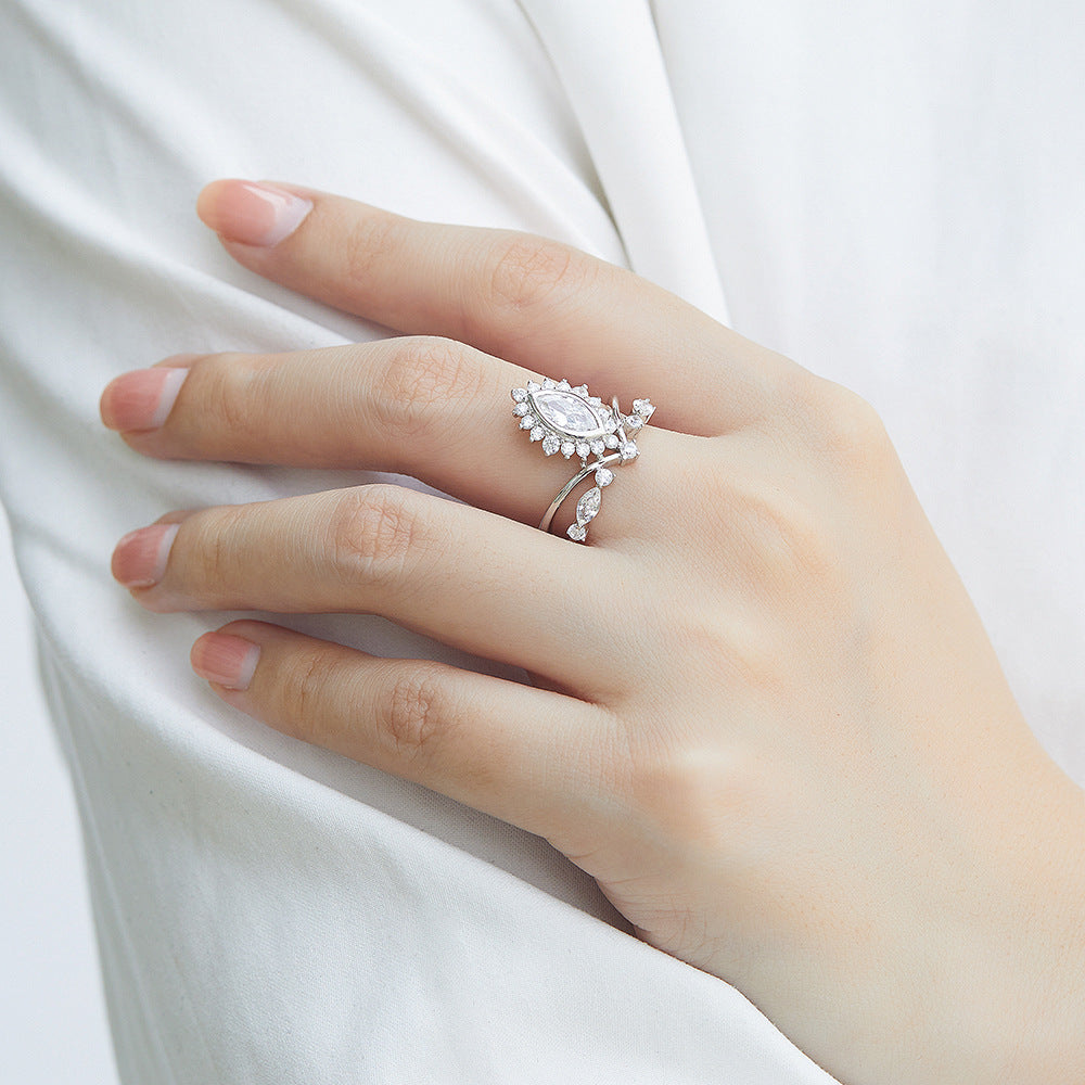 Marquise Zircon Exaggerated Modern Split Shank Silver Ring for Women