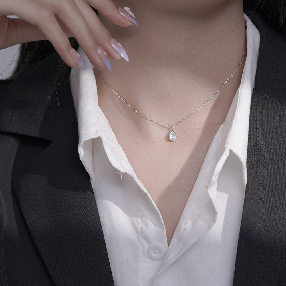 (Two Colours) White Zircon Water Drop Solitaire 925 Silver Collarbone Necklace for Women