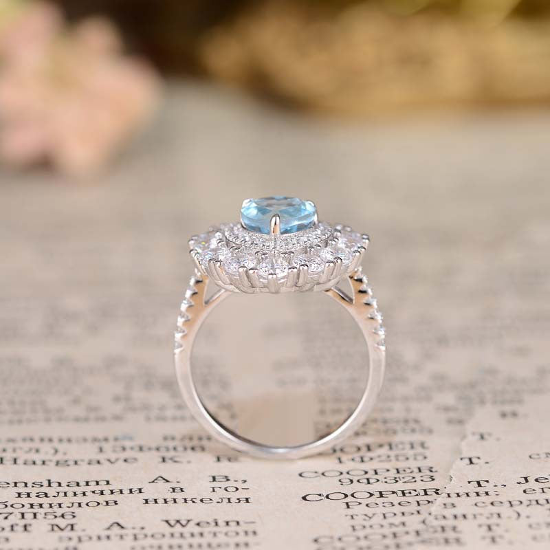 Sky Blue Natural Topaz 7*7mm Heart Shape Soleste Halo Silver Ring for Women