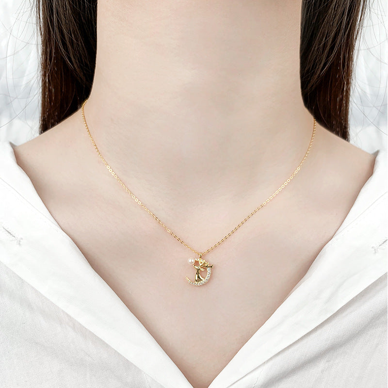 Zircon Moon Elk with Pearl Silver Necklace for Women