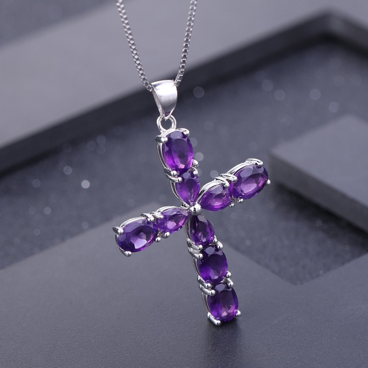 Europen Style Inlaid Natural Amethyst Cross Pendant Silver Necklace for Women