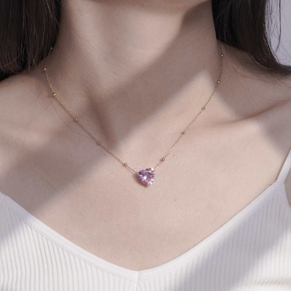 (Two Colours) Pink Zircon Heart Pendants 925 Silver Collarbone Necklace for Women