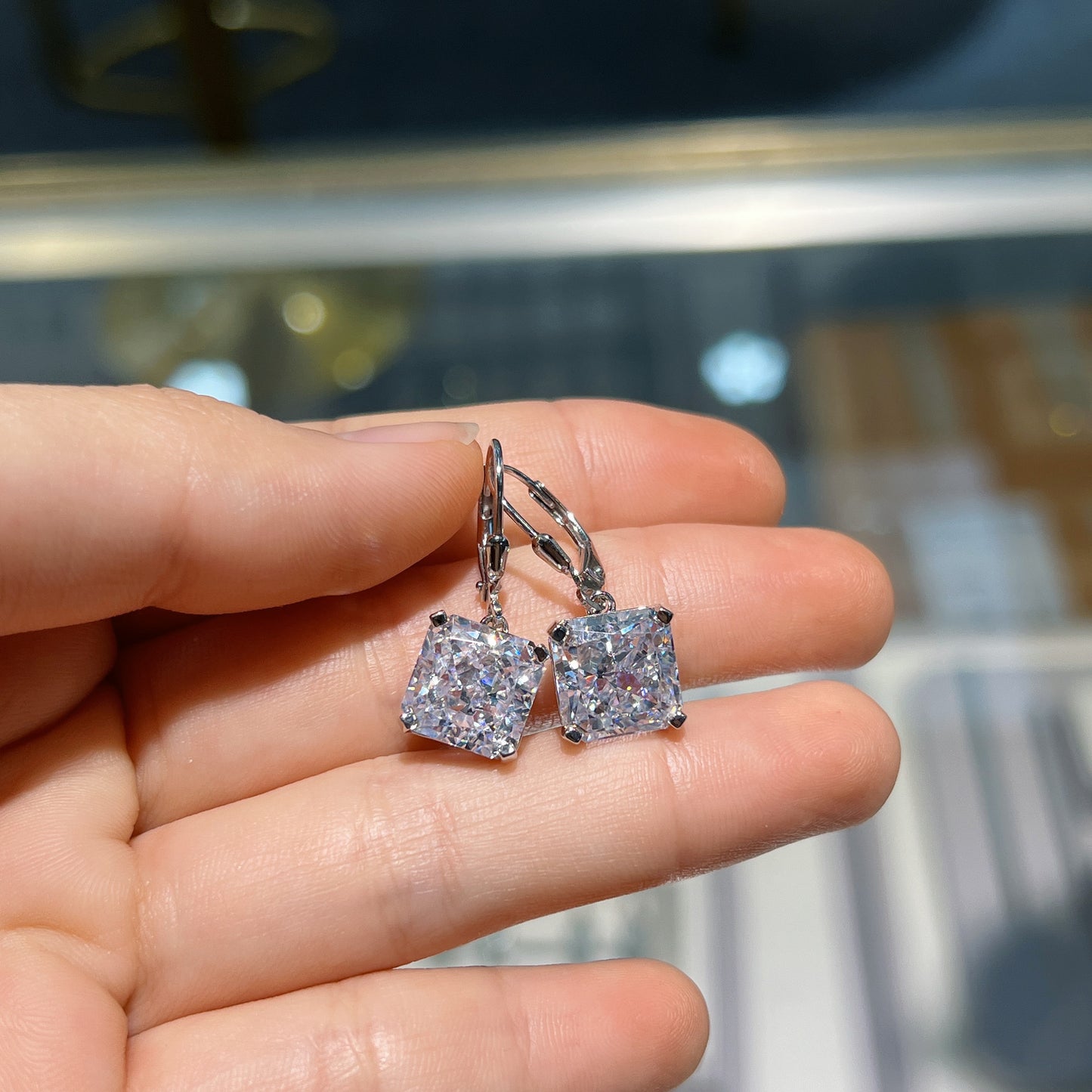 (Two Colours) Zircon 10*10mm Cushion Ice Cut Silver Drop Earrings for Women