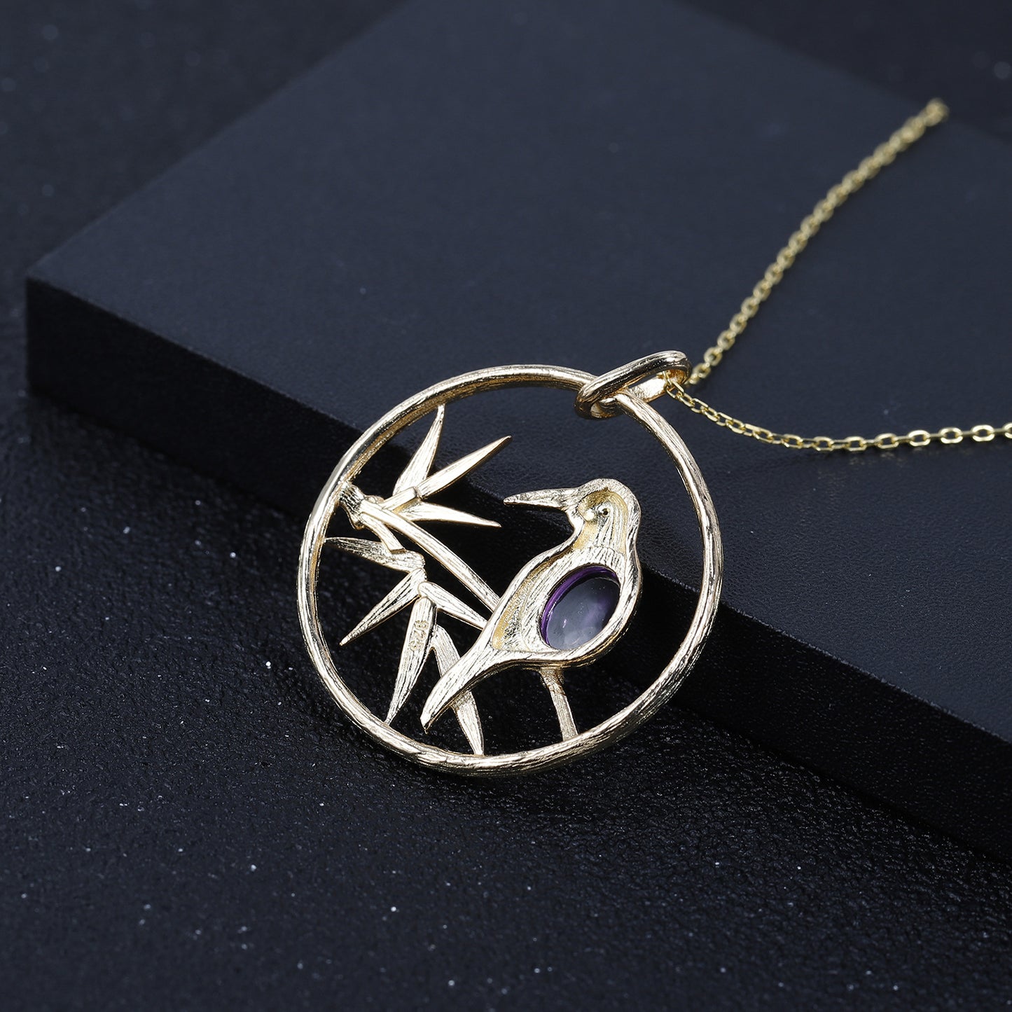 Premium Design Natural Amethyst Bird Circle Pendant Silver Necklace for Women