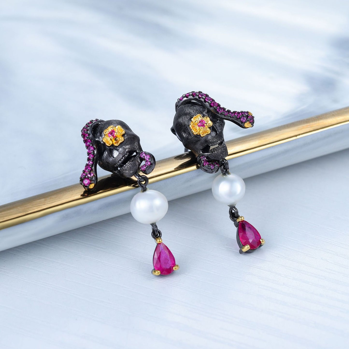 Dark Retro Style Skull with Natural Freshwater Pearl Silver Drop Earrings for Women