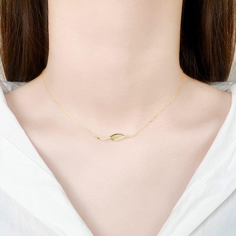 Geometric Wave with Green Marquise Zircon Silver Necklace for Women