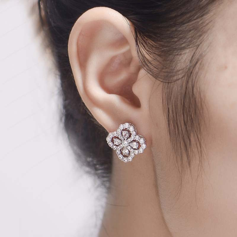 White 5A Zircon Water Droplets Clover Silver Studs Earrings for Women
