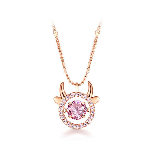 Cow with Round Pink Zircon Pendant Silver Necklace for Women