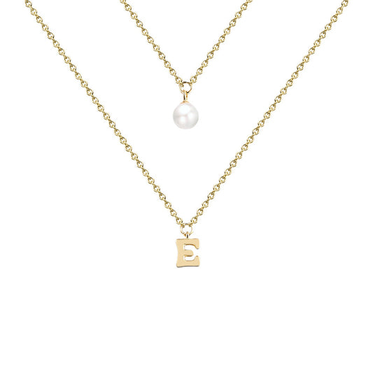 Double-layers E Letter with Pearl Silver Necklace for Women