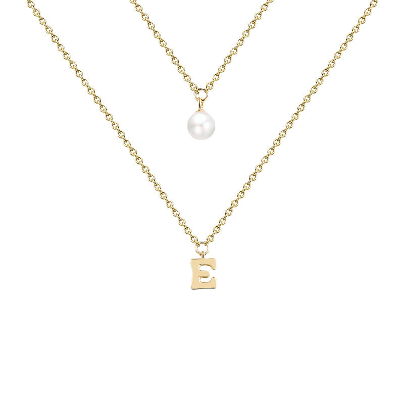 Double-layers E Letter with Pearl Silver Necklace for Women