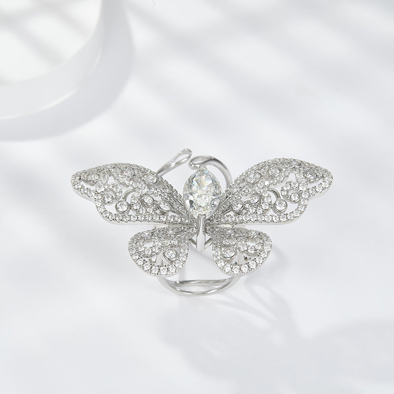White Zircon Marquise Ice Cut Active Butterfly Luxurious Silver Ring for Women