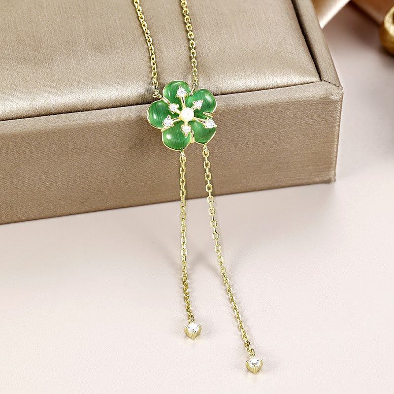 Green Opal Stone Flower with Zircon Tassel Silver Necklace for Women