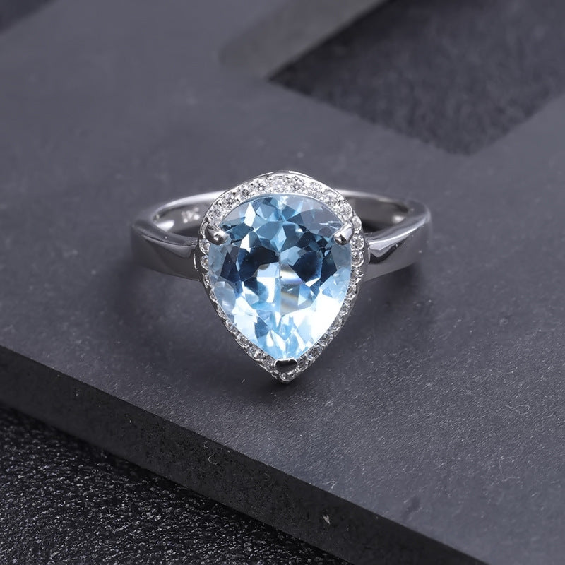 European  Luxury Premium Sense Natural Topaz Soleste Halo Pear Drop Sterling Silver Ring for Women