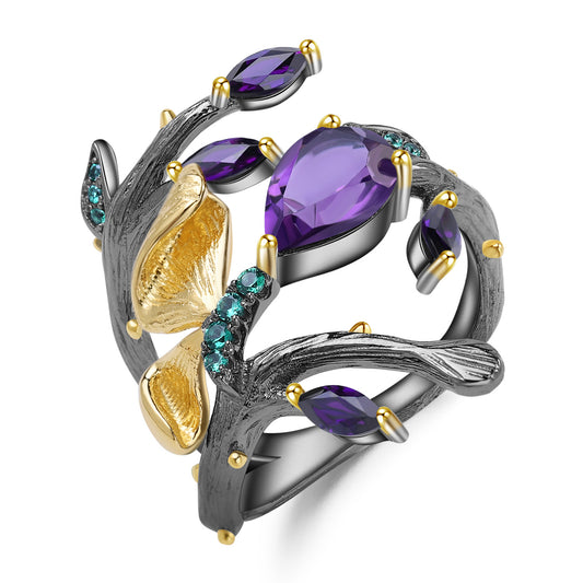 Butterfly Design Natural Amethyst S925 Silver Ring for Women