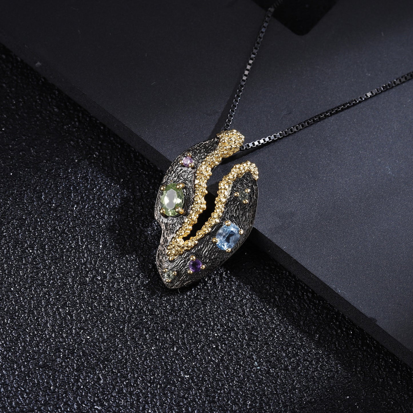 Italian Craftsman's Retro Style Natural Colourful Gemstone Pendant Silver Necklace for Women