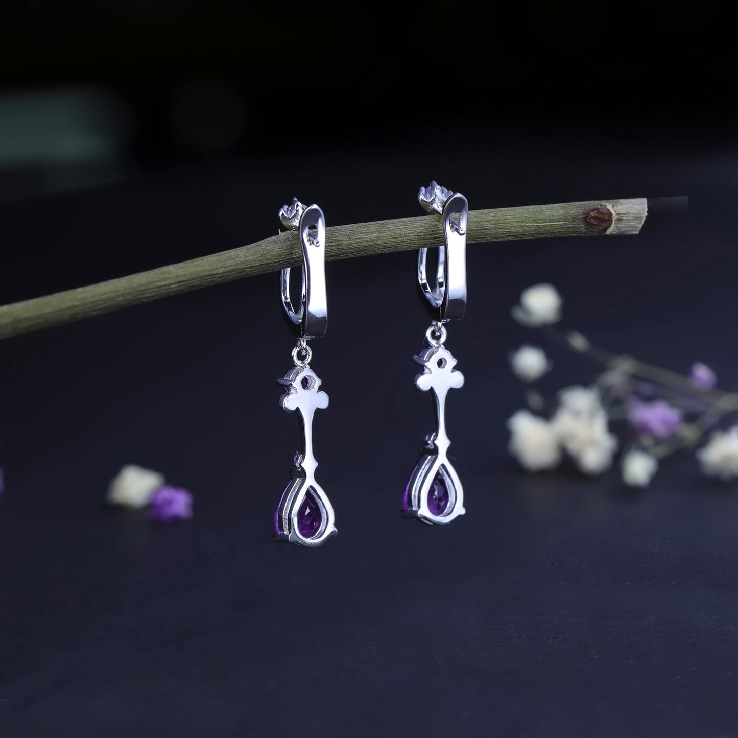 European Inlaid Natural Amethyst Long Style Silver Drop Earrings for Women
