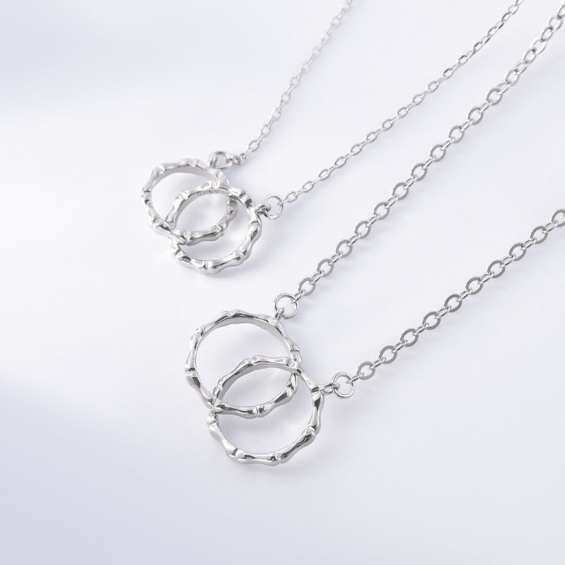 Bamboo Double Circle Buckle Silver Couple Necklace for Women