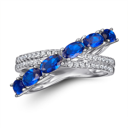 Blue Oval Zircon X-shape Silver Ring for Women