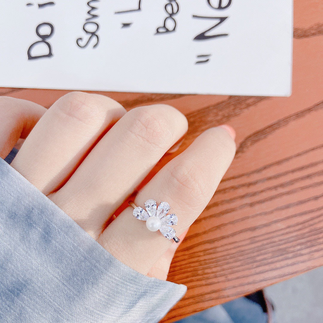 Marquise Zircon with Pearl Peacock Tail Silver Ring for Women