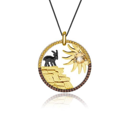 Animal Element Inlaid Natural Colourful Gemstone Goat Circle Pendant Necklace for Women