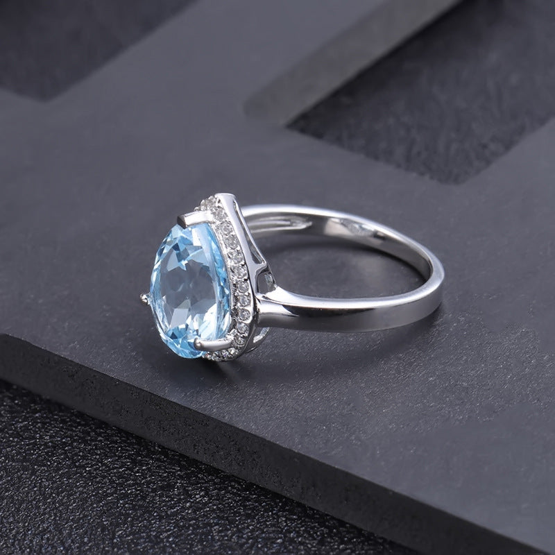 European Luxury Premium Sense Natural Topaz Soleste Halo Pear Drop Sterling Silver Ring for Women