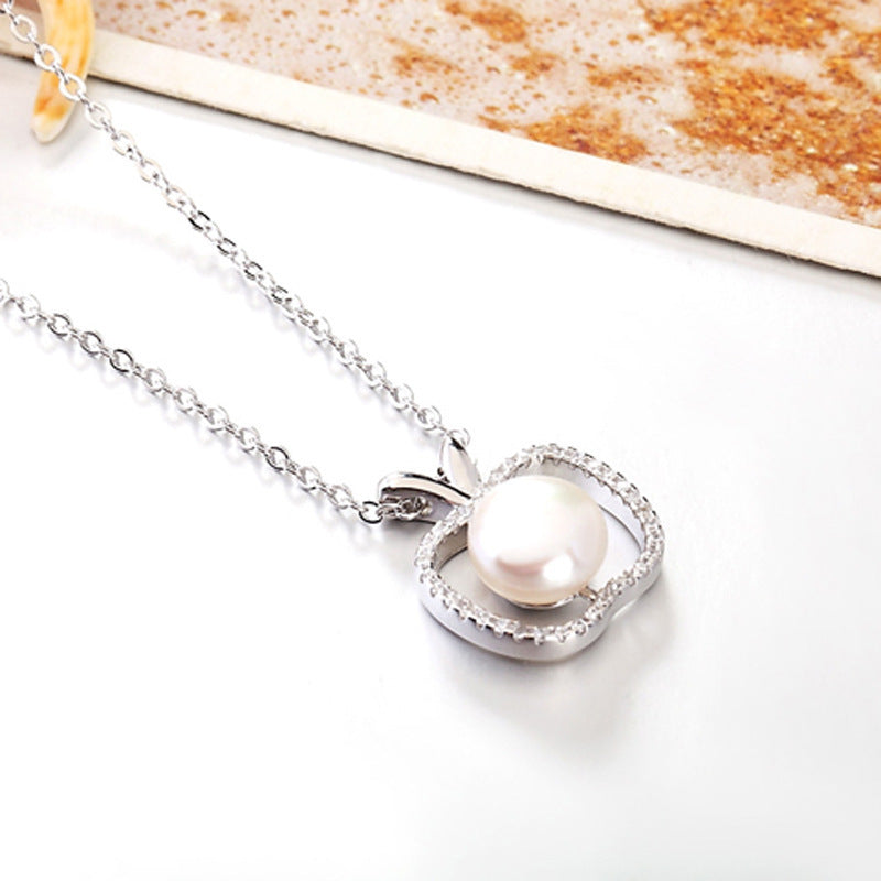 Apple with Freshwater Pearl Pendant Silver Necklace for Women