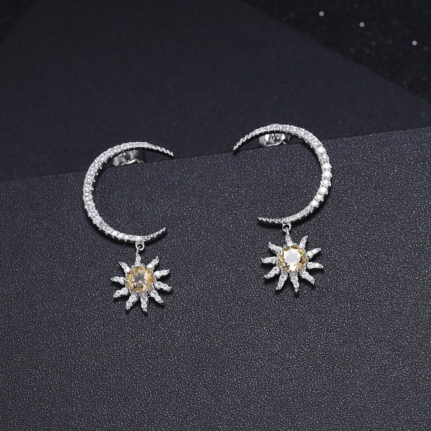 French Romantic Luxury Design Inlaid Natural Colourful Gemstone Moon and Sun Silver Drop Earrings for Women