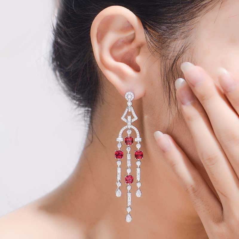 Lab-Created Ruby Tassels Silver Drop Earrings for Women