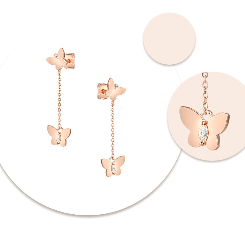 Double Butterfly with Marquise Zircon Tassel Silver Drop Earrings for Women