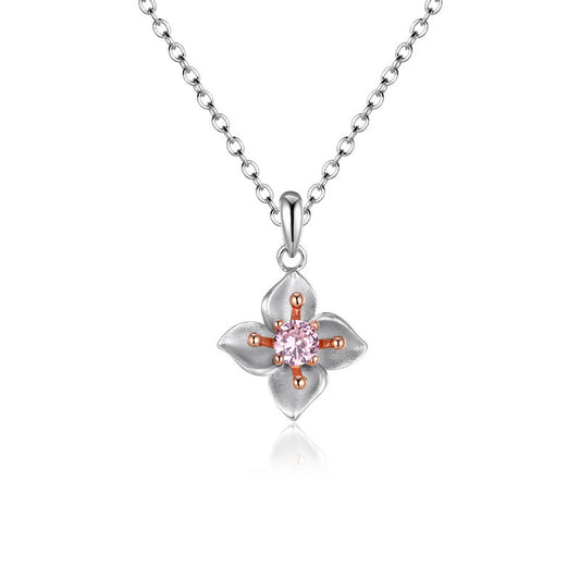 Plum Blossom with Pink Zircon Silver Necklace for Women