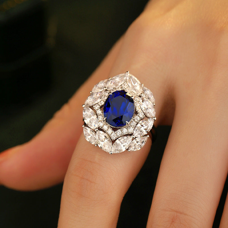 (Two Colours) Lab-Created Stone Oval Ice Cut Marquise Soleste Halo Silver Ring for Women