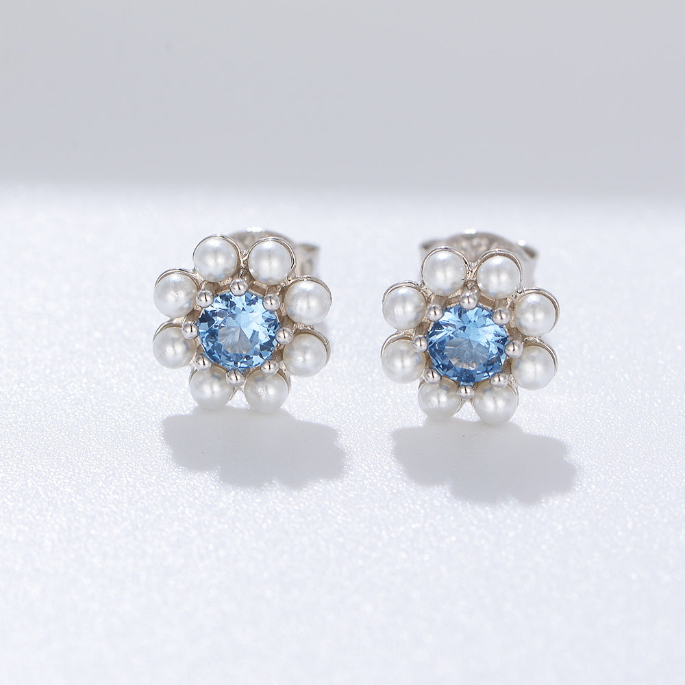 Blue Zircon with Pearl Flower Silver Studs Earrings for Women
