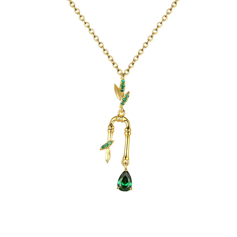 Green Zircon Bamboo Leaf Silver Necklace for Women