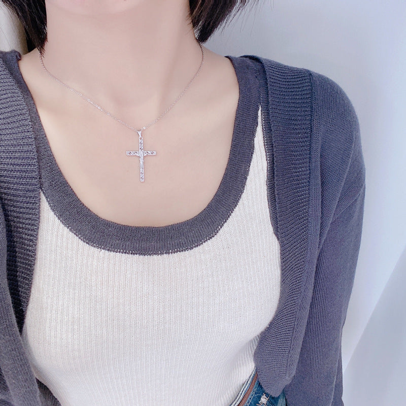 Jesus Cross with Decorative Pattern Pendant Silver Necklace for Women