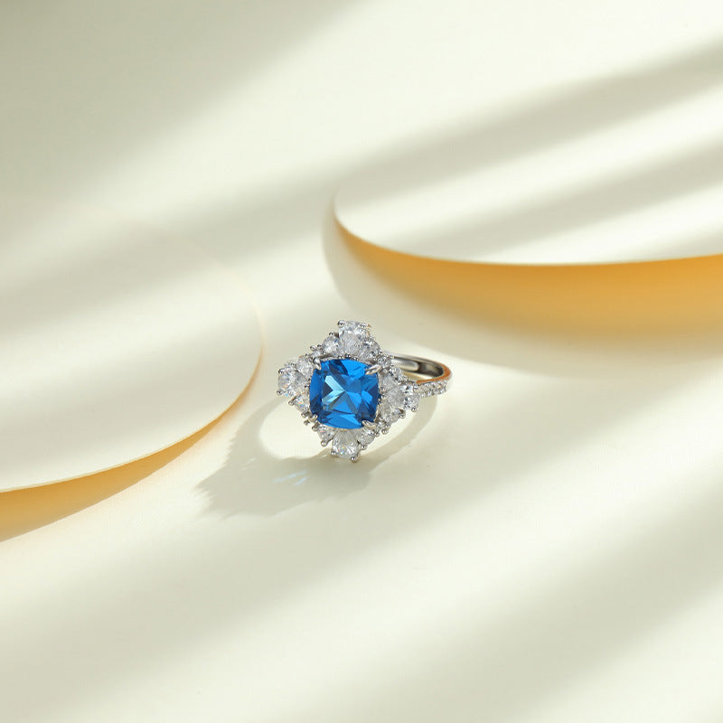 Colourful Cushion Cut Zircon Square Soleste Halo Silver Ring for Women