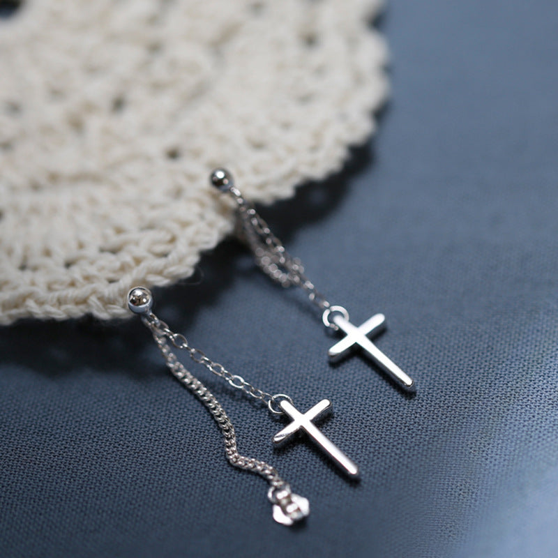 Cross with chain silver drop earrings for women