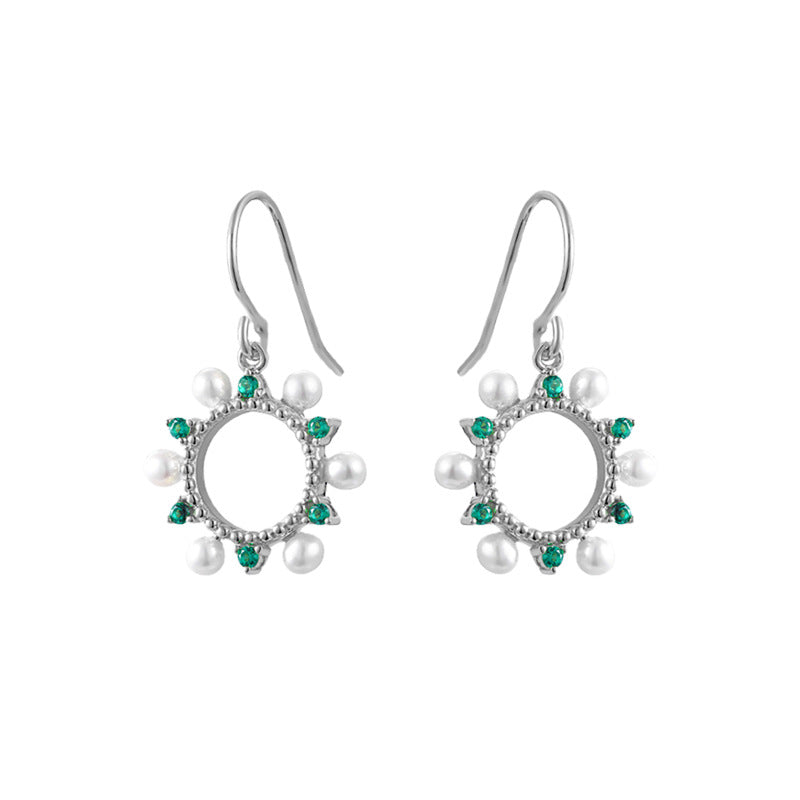 Hollow Circle with Green Zircon and Pearl Silver Drop Earrings for Women