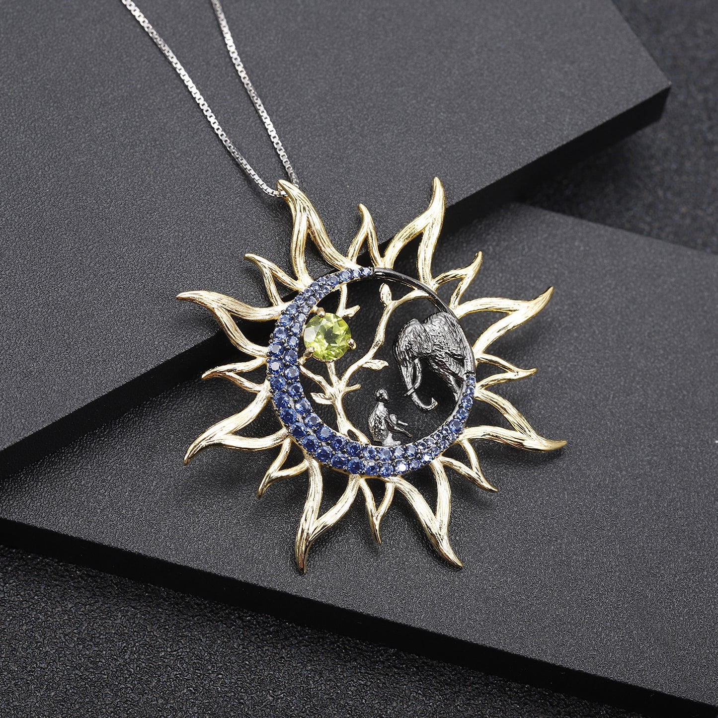 Natural Colourful Gemstone Elephant and People Sun Shape Pendant Silver Necklace for Women