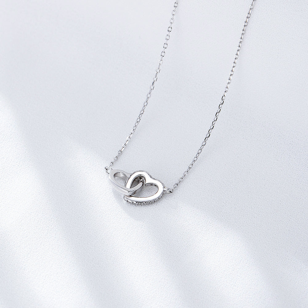 Heart-shaped Interlocking with Zircon Silver Necklace for Women