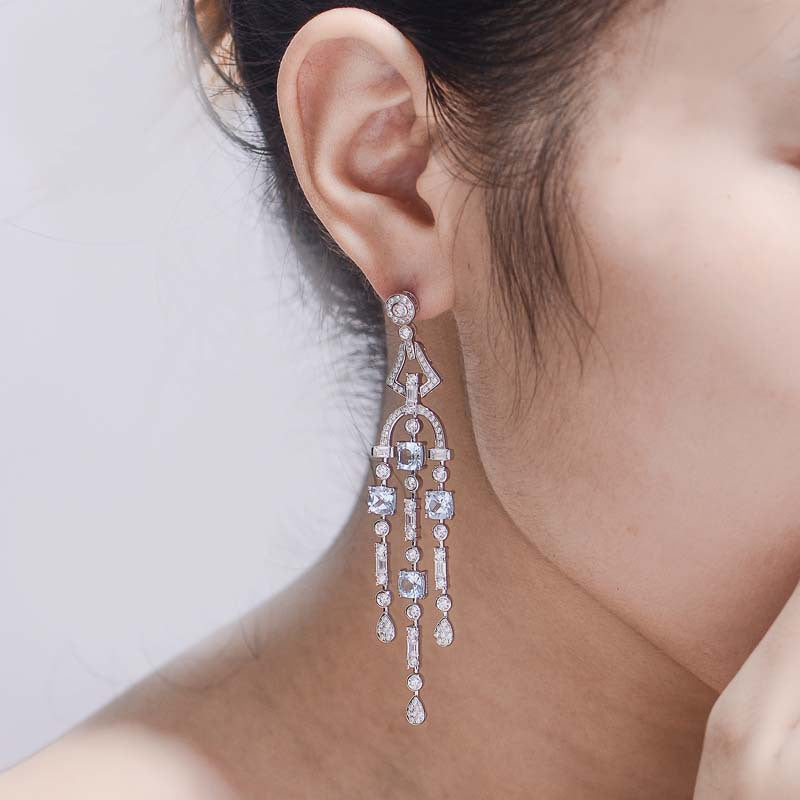Sky Blue Colour Natural Topaz Tassels Silver Drop Earrings for Women