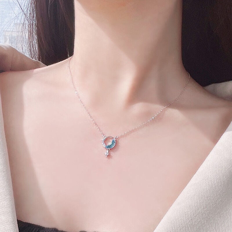 Blue Zircon Moon Star Pendants 925 Silver Collarbone Necklace for Women